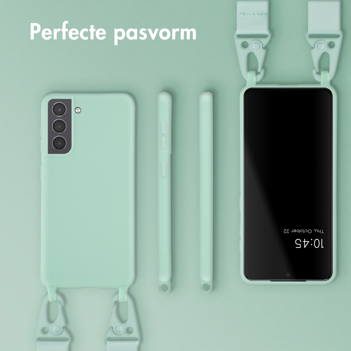 Mintgroene telefoonhoes met mintgroene band. Een telefoon toont 10:45. Er zijn ook twee andere mintgroene hoesjes.