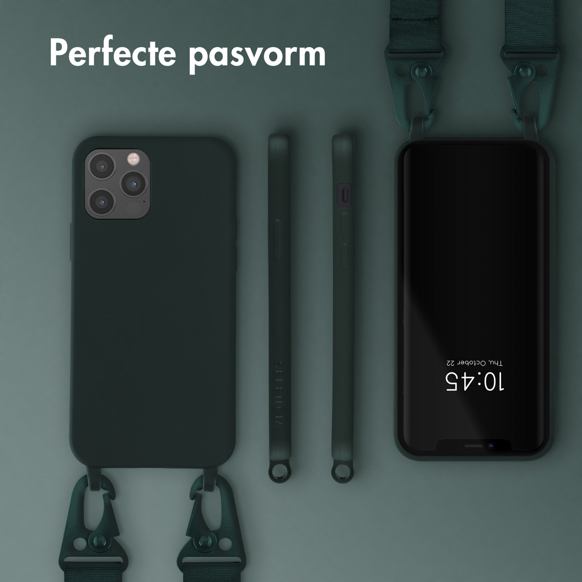 Donkergroene telefoon met hoesje en koord. Tekst: Perfecte pasvorm. Hoesje past perfect op je telefoon.