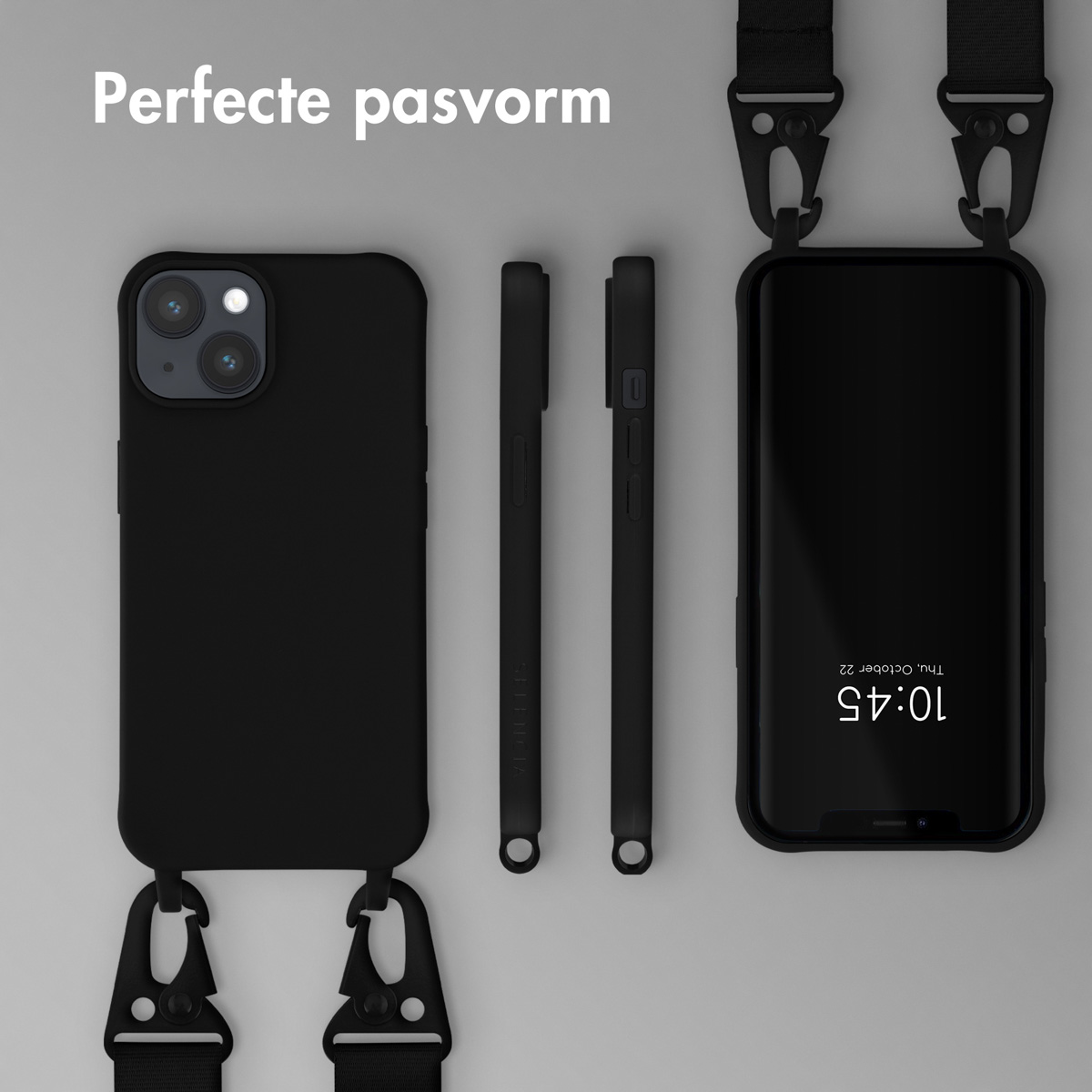 Telefoon met zwarte hoes en koord, en twee zwarte hoesjes. Tekst: Perfecte pasvorm. De hoes is gemaakt om te passen.
