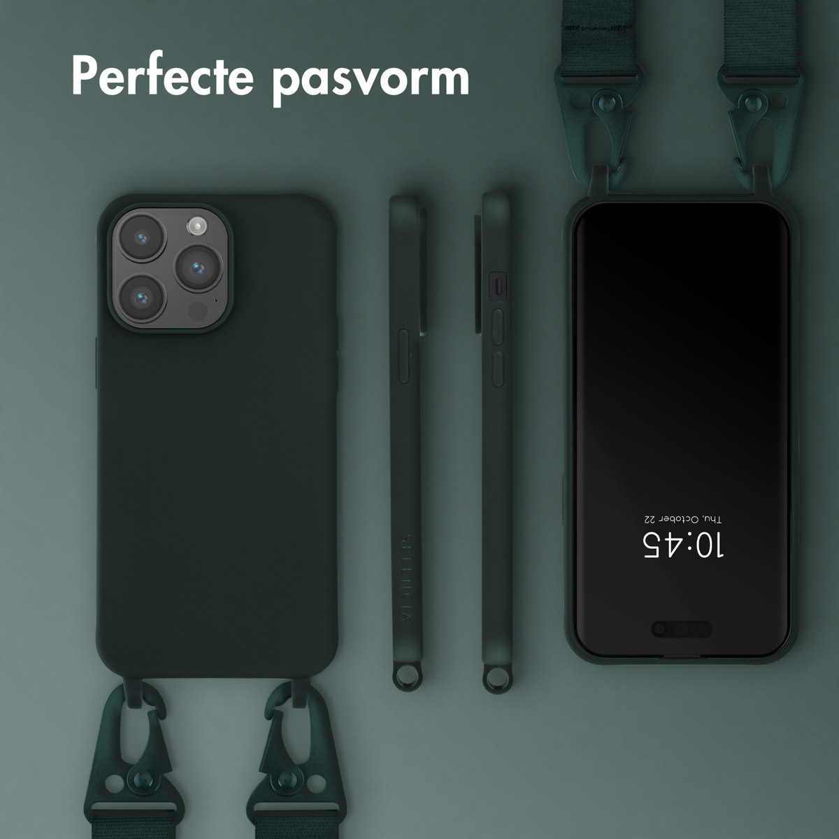 Custodia verde scuro e telefono con cordino. Un blocco di testo in alto dice 'Vestibilità perfetta'.