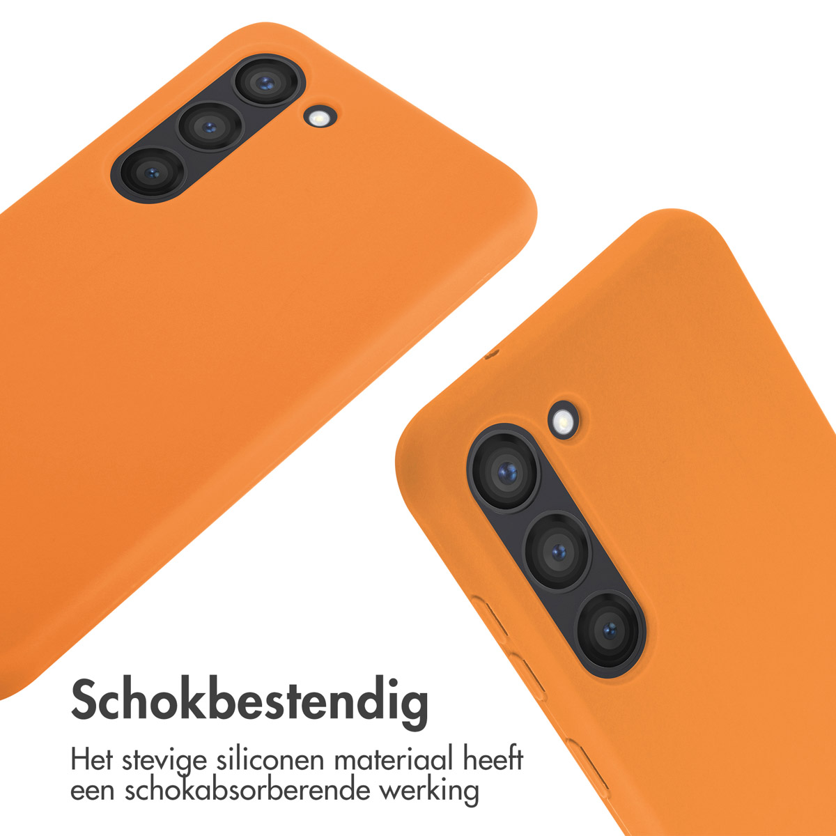 Twee oranje telefoonhoesjes. Eén schuin naar voren, de andere in een lichte hoek.