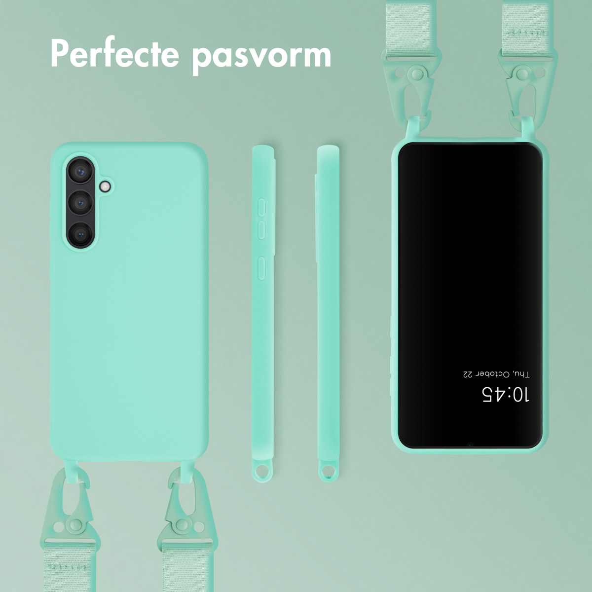 Une coque de téléphone sarcelle avec un téléphone à l'intérieur. Un cordon est également attaché.