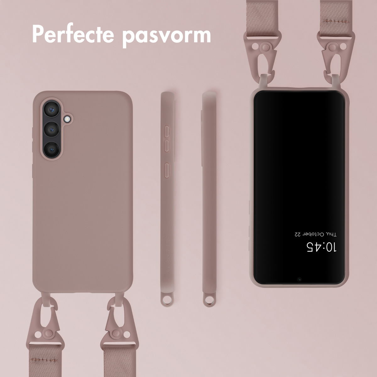 Coque mauve avec sangle, téléphone avec heure 10:45 à l'écran et pièces de coque.