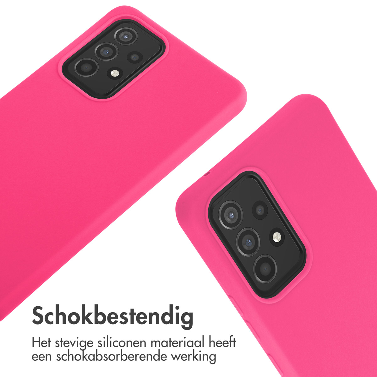 Deux coques de téléphone fuchsia. Texte : Résistant aux chocs. Le matériau en silicone robuste a un effet d'absorption des chocs.