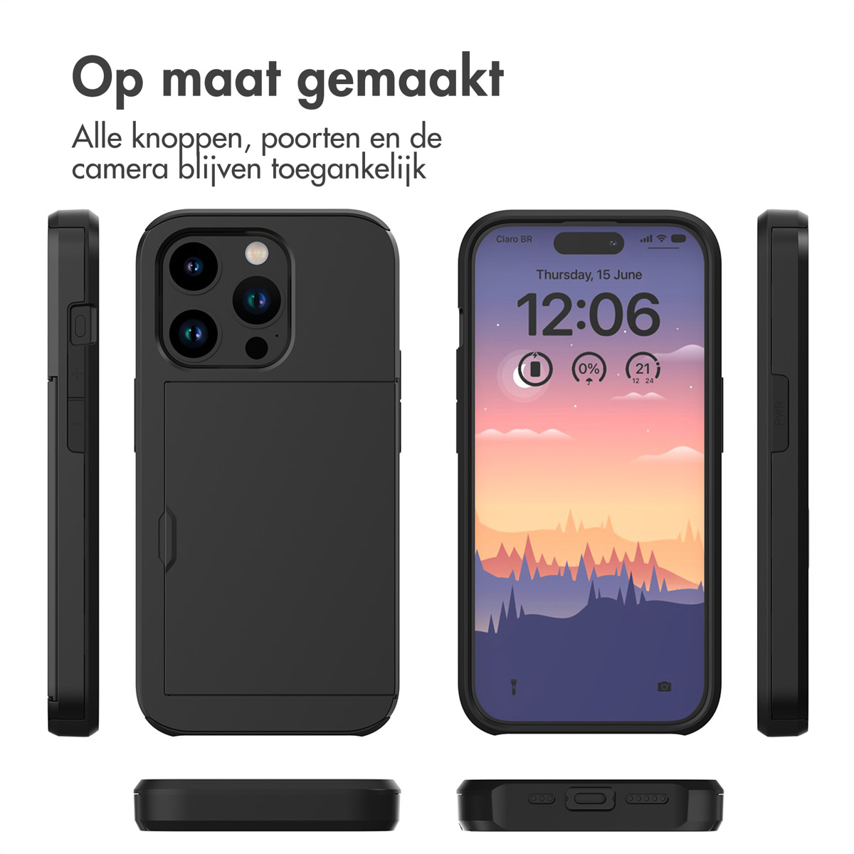 Coque de téléphone noire, avec téléphone affichant l'heure, à côté d'une coque de téléphone de profil. Texte en néerlandais en haut.