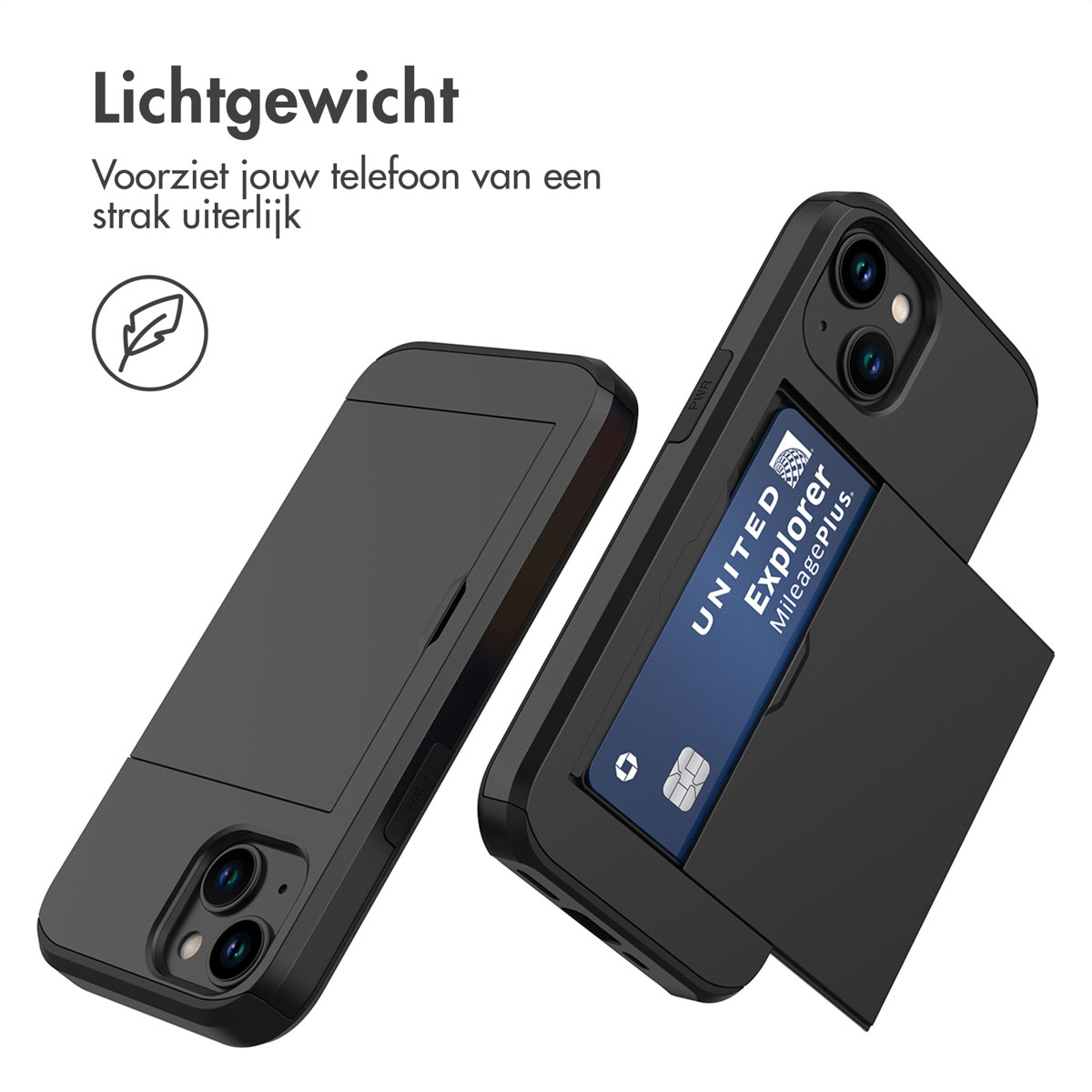 Black phone case with card slot and card. Text: Lightweight. Provides your phone with a sleek appearance.