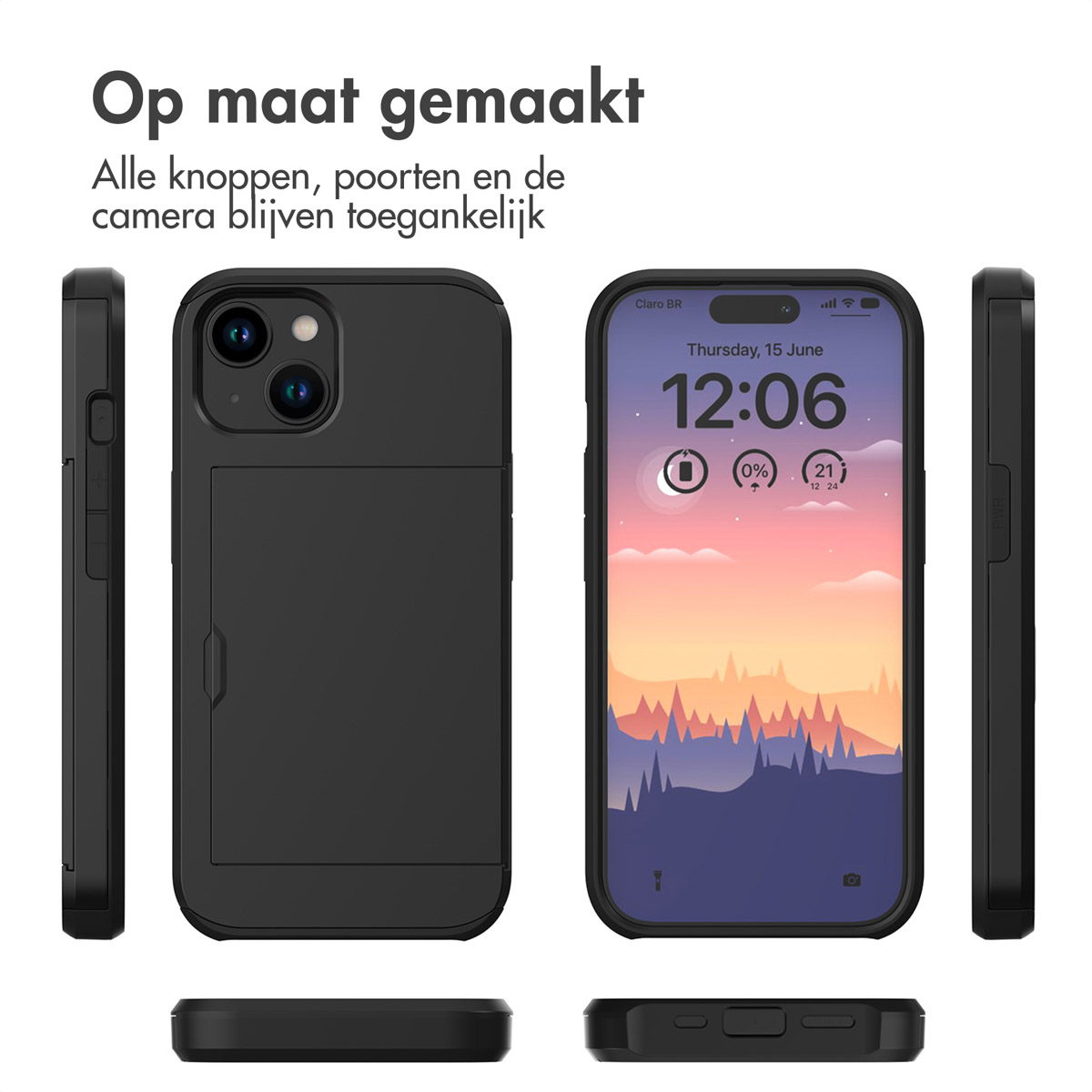 Black phone case and phone. The phone shows the time. A text block says 'Made to measure'.