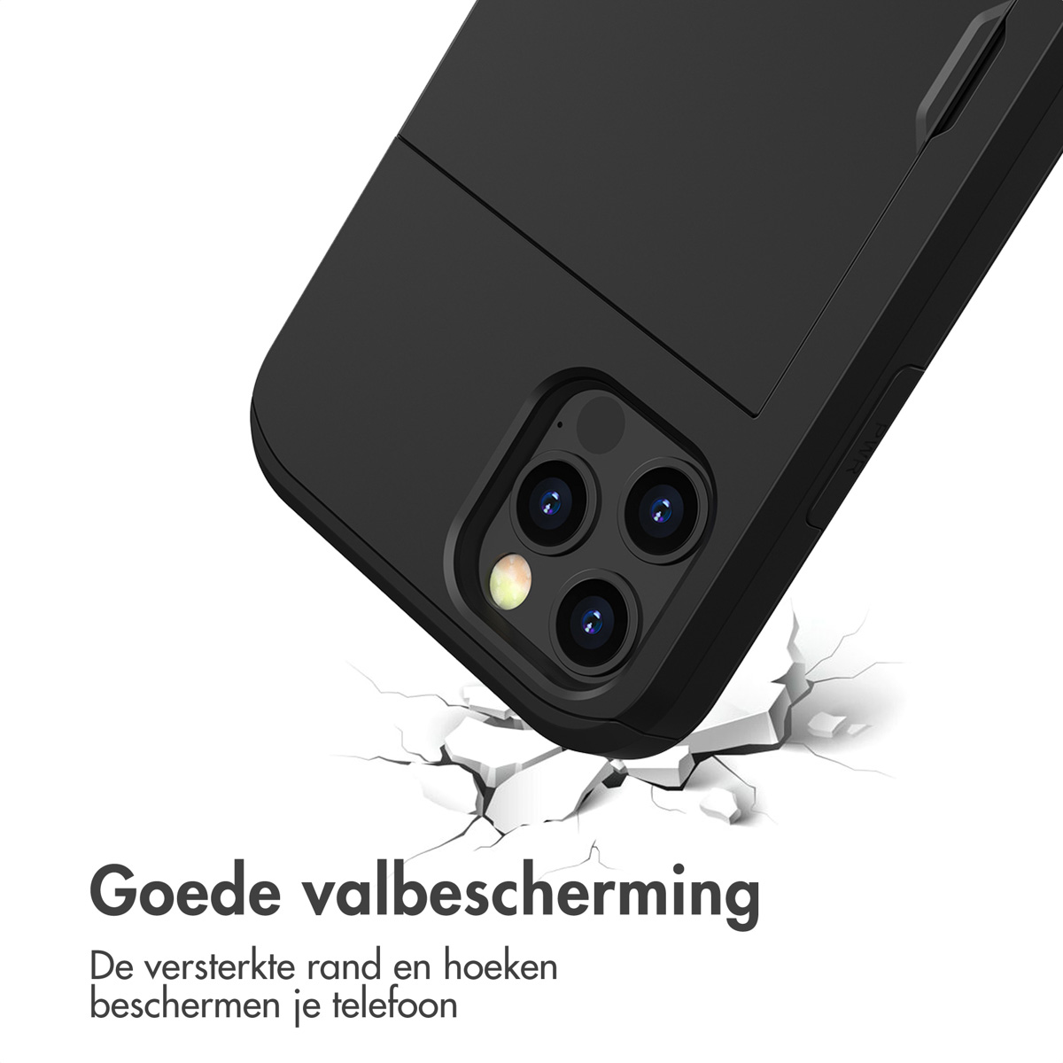 Black phone case. The phone case is being hit. Cracks are visible on the surface below.