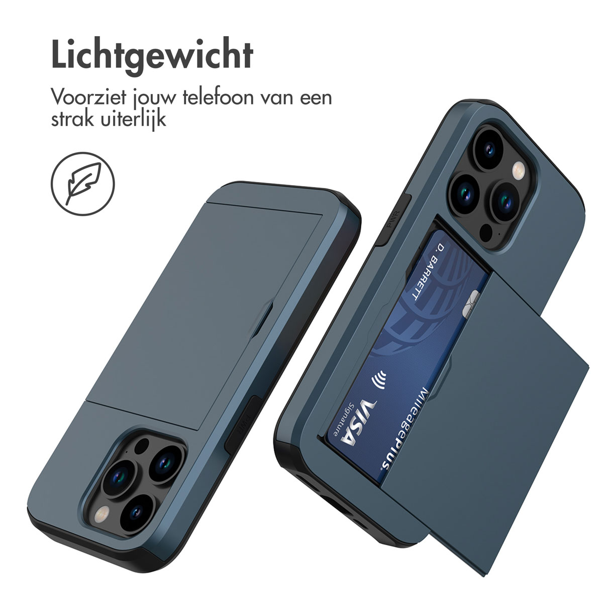 Een donkerblauw telefoonhoesje met een kaartsleuf. Toont een Visa-kaart. Tekst erboven.