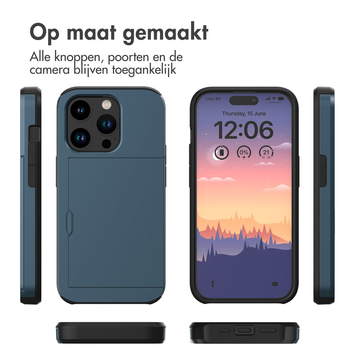 Blauwe telefoonhoes, telefoon met scherm dat 12:06 en batterij toont, en onderdelen van de hoes.
