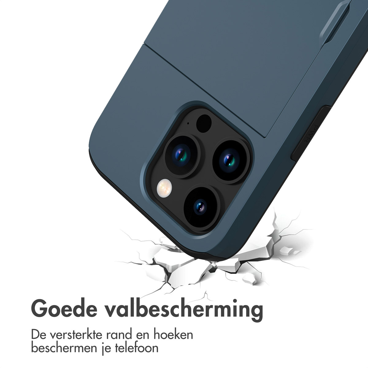 Blauwe telefoonhoes met barsteffect. Tekst: Goede valbescherming.