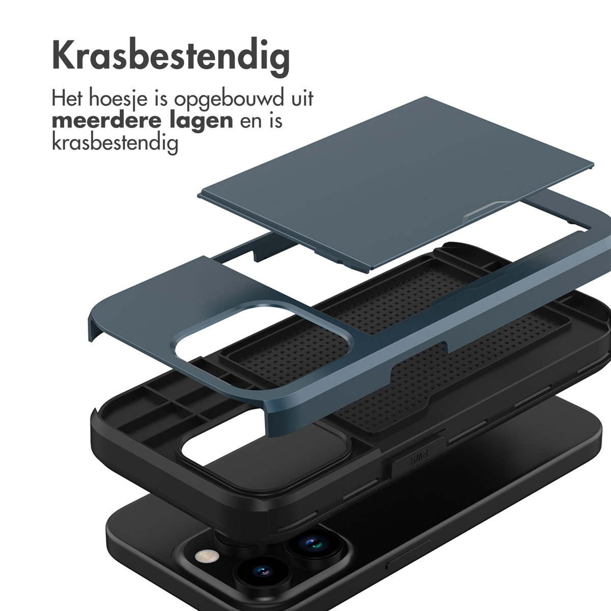 Ontplofte weergave van een telefoonhoesje. De bovenste hoes is blauw, de rest is zwart. Meerdere lagen zijn zichtbaar.