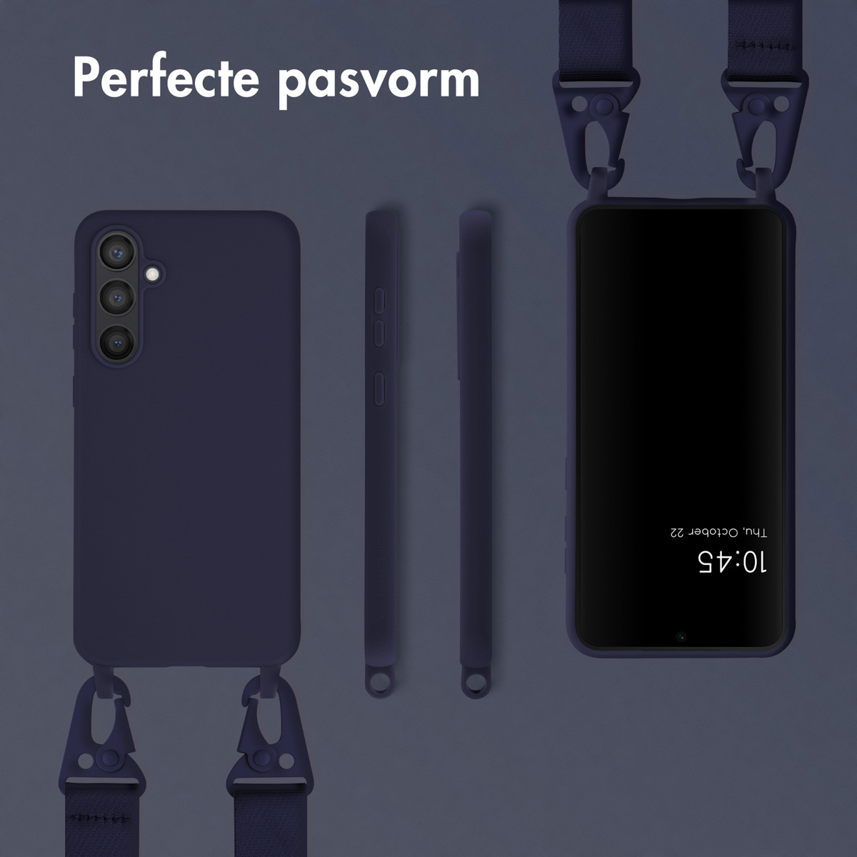Coque bleu marine avec sangle. Le téléphone affiche l'heure. Texte: Ajustement parfait.