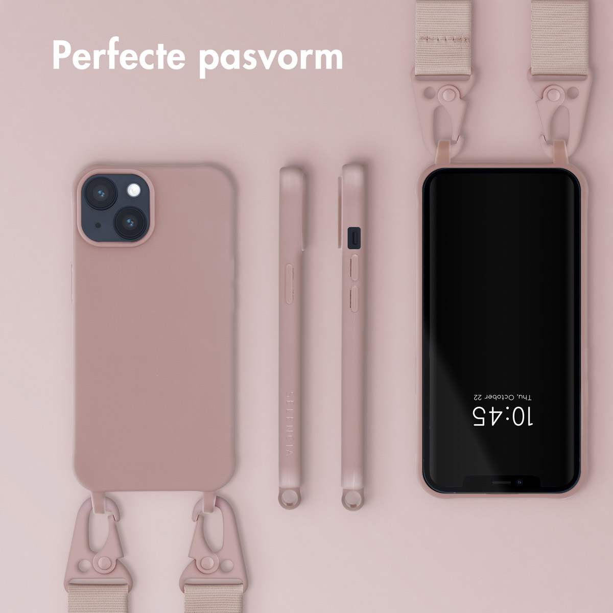 Roze telefoonhoesjes met een telefoon. De telefoon heeft een koord. De achtergrond is roze.