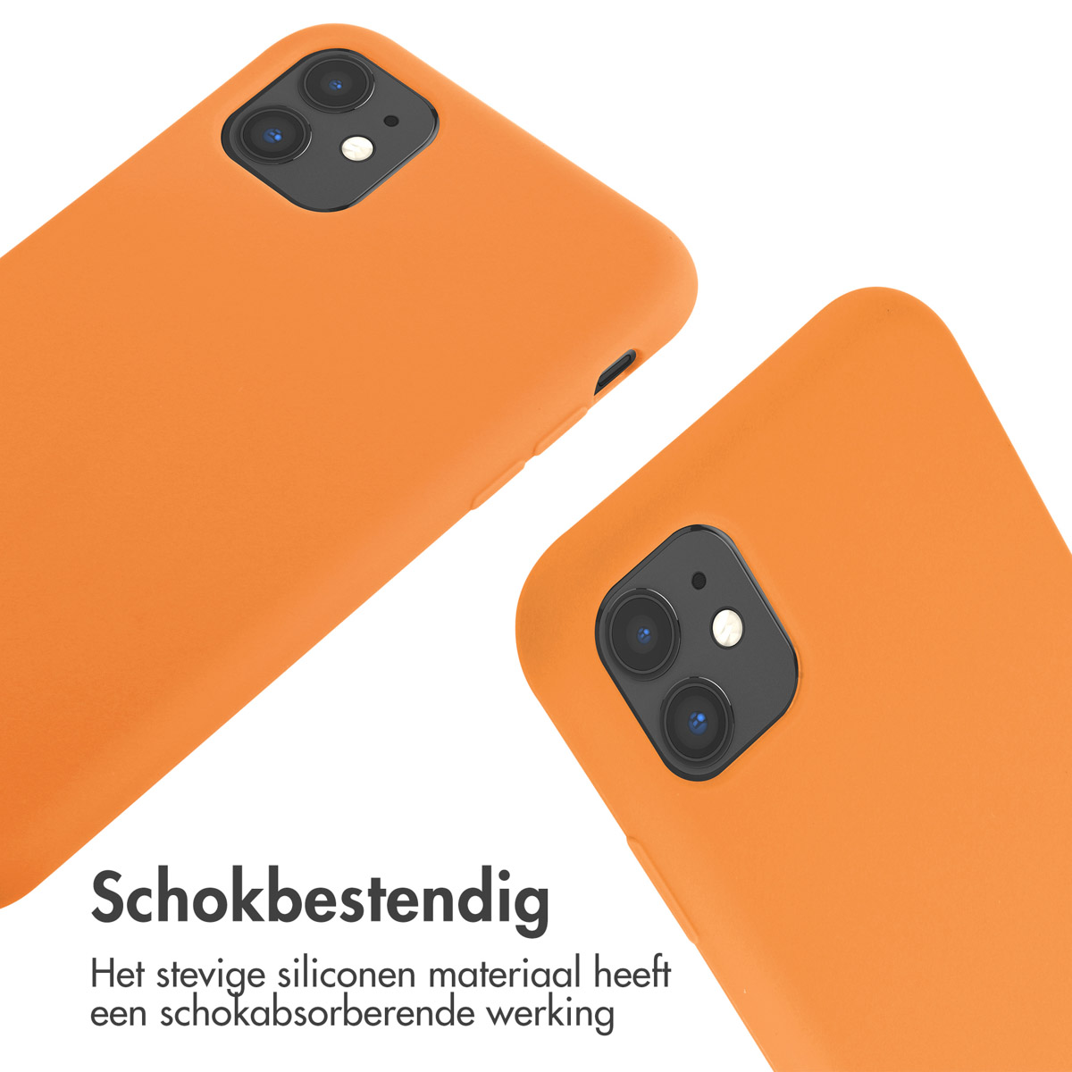 Twee oranje telefoonhoesjes, close-up, witte achtergrond, tekst 'Schokbestendig'.