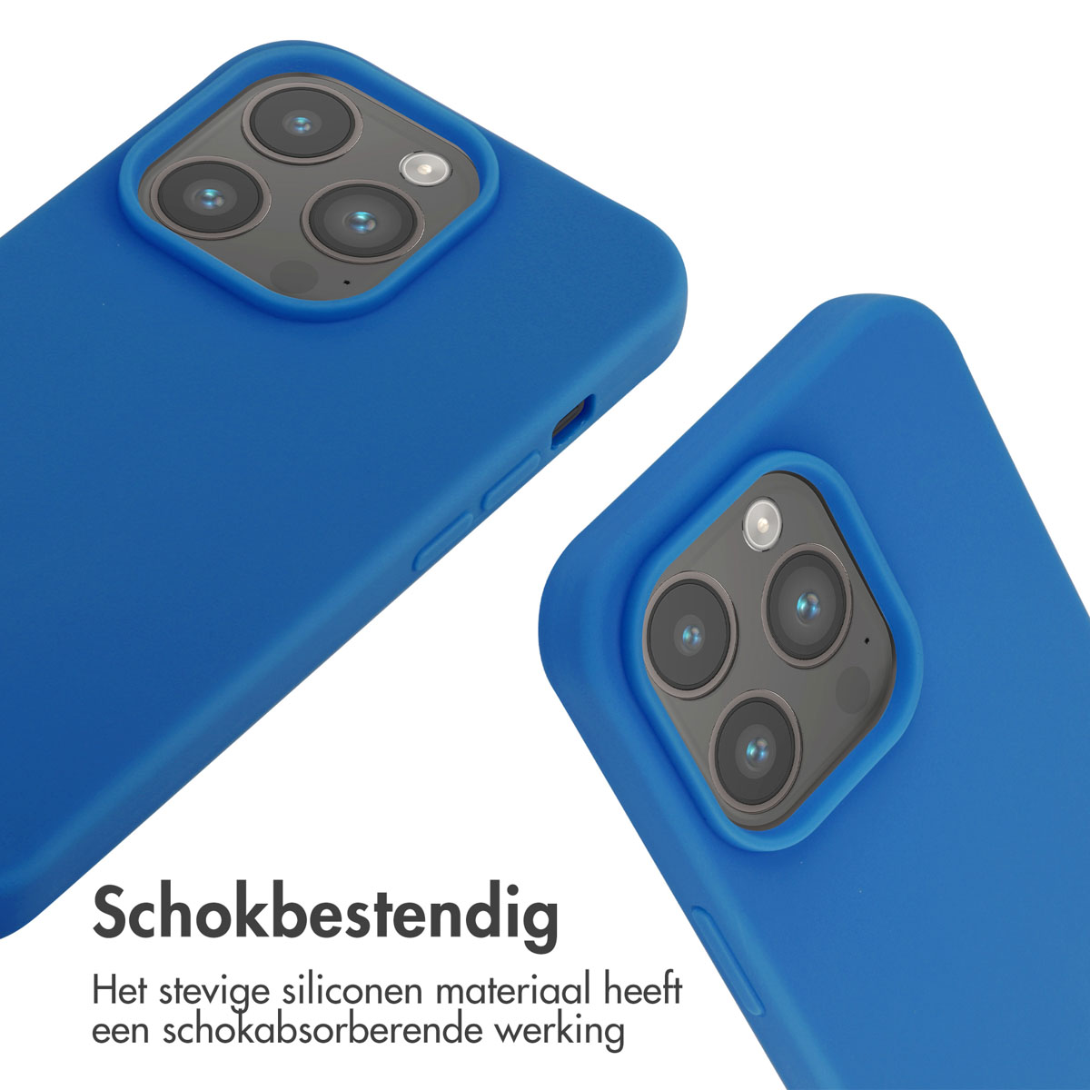 Twee blauwe telefoonhoesjes. De hoesjes zijn glad en hebben drie cameralenzen.
