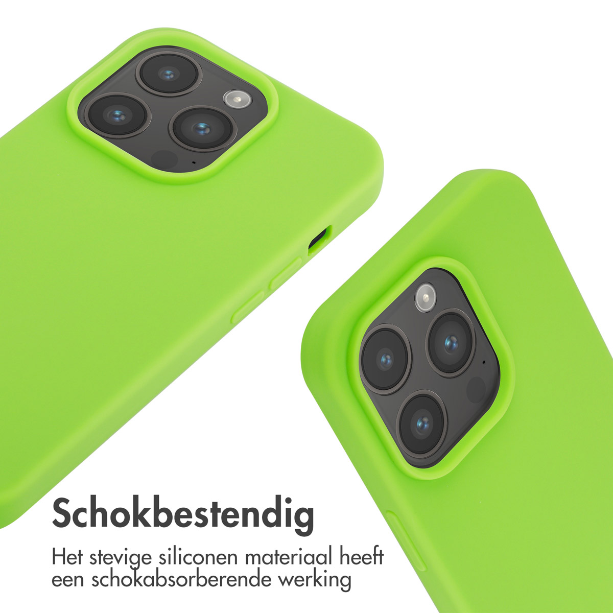 Twee limoengroene telefoonhoesjes. De hoesjes hebben een cameralens.