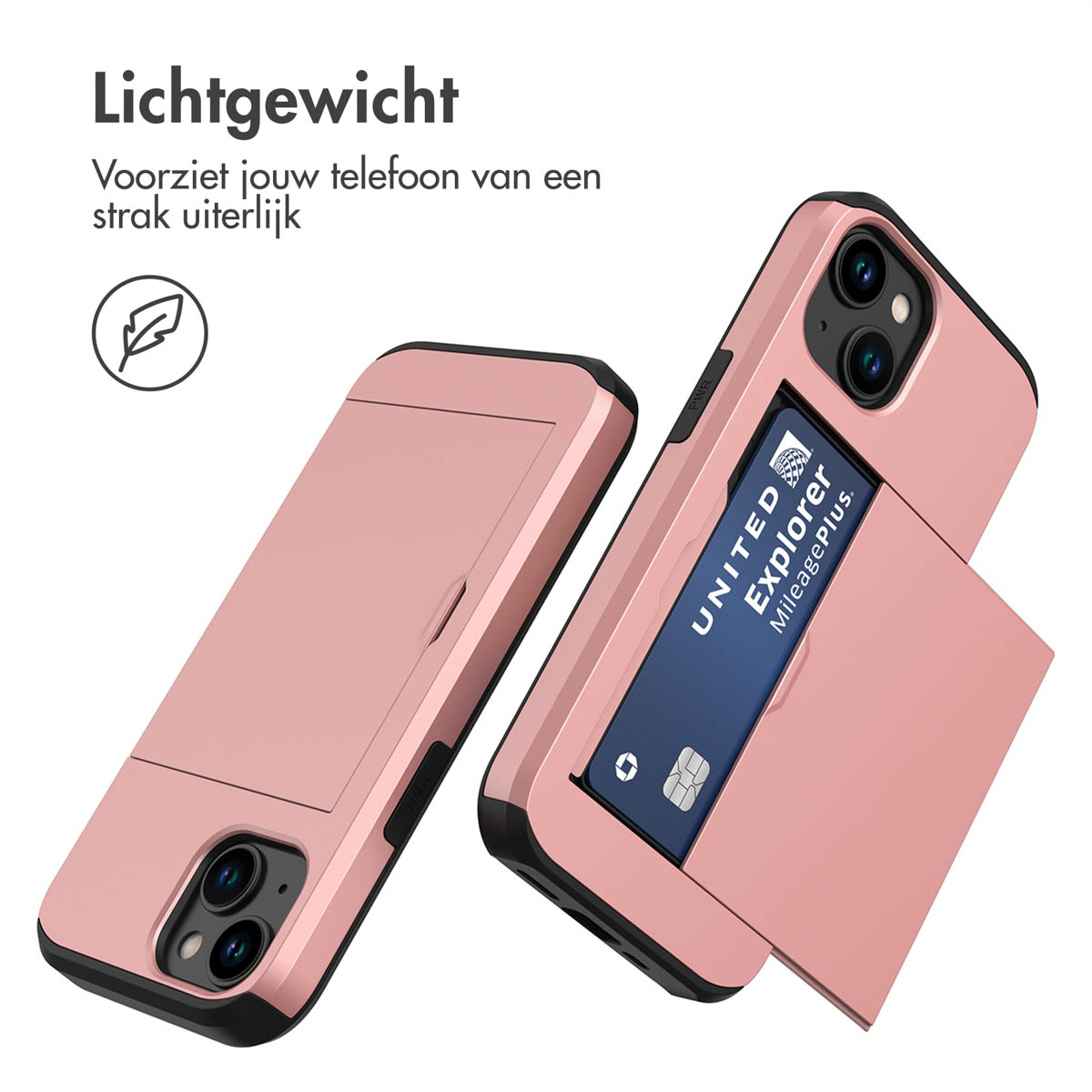 Two pink phone cases with a credit card and phone inside. White background.