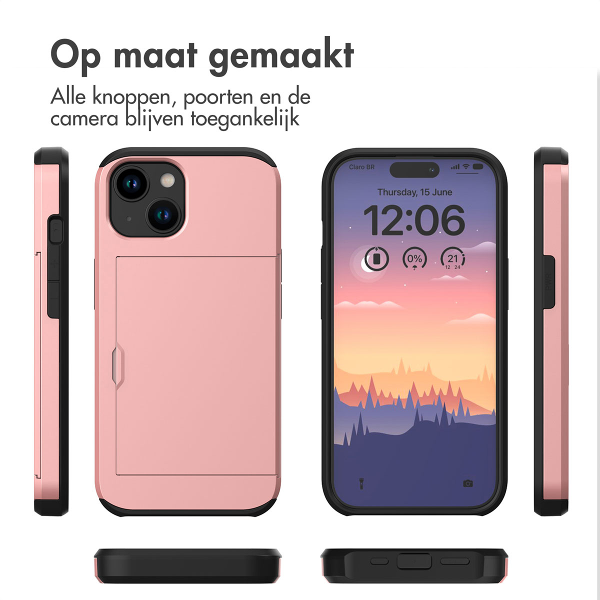 Pink phone case with card slot. Phone displays time and date.  The background is white.