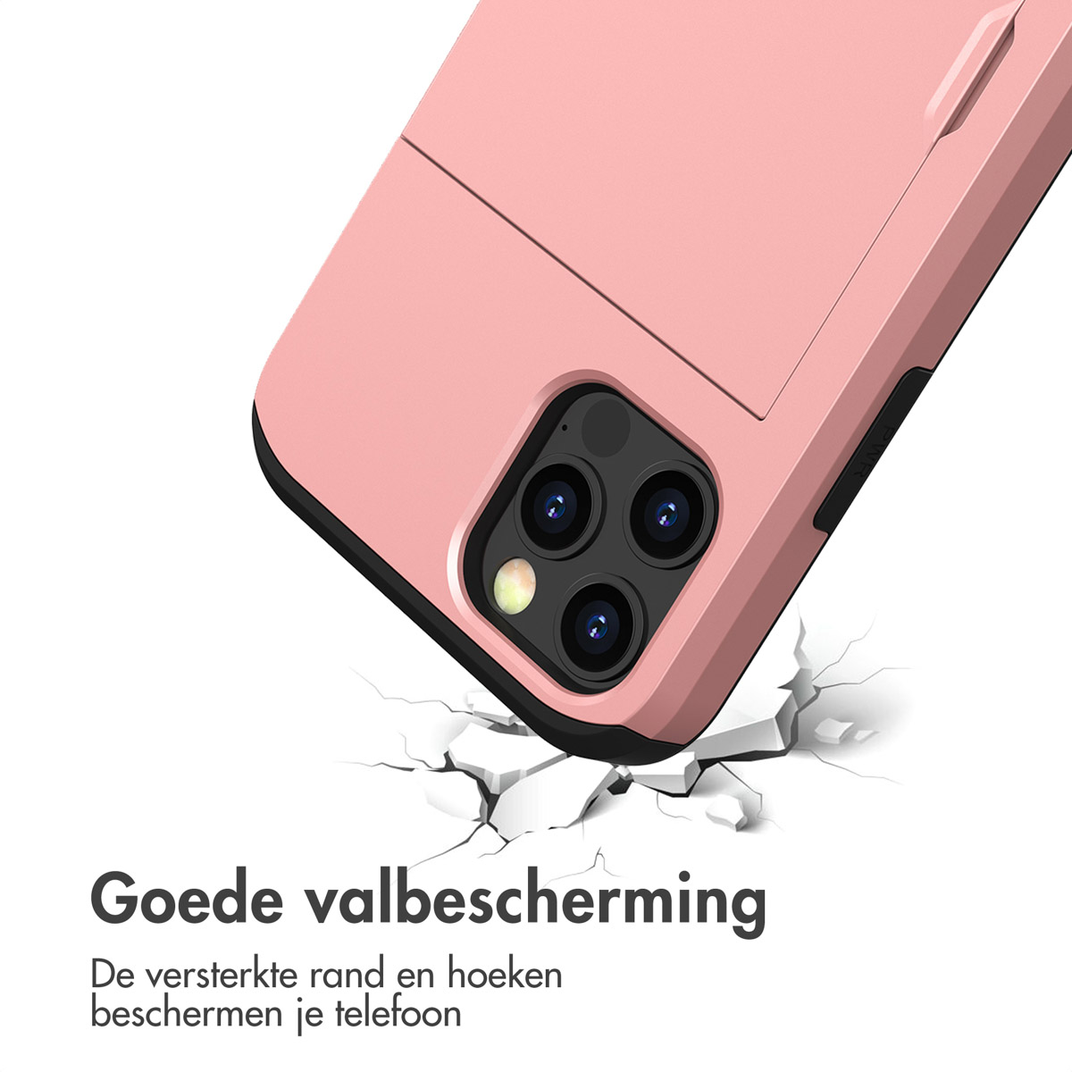 Pink phone case on a white surface, with a crack effect. Text: Good fall protection.