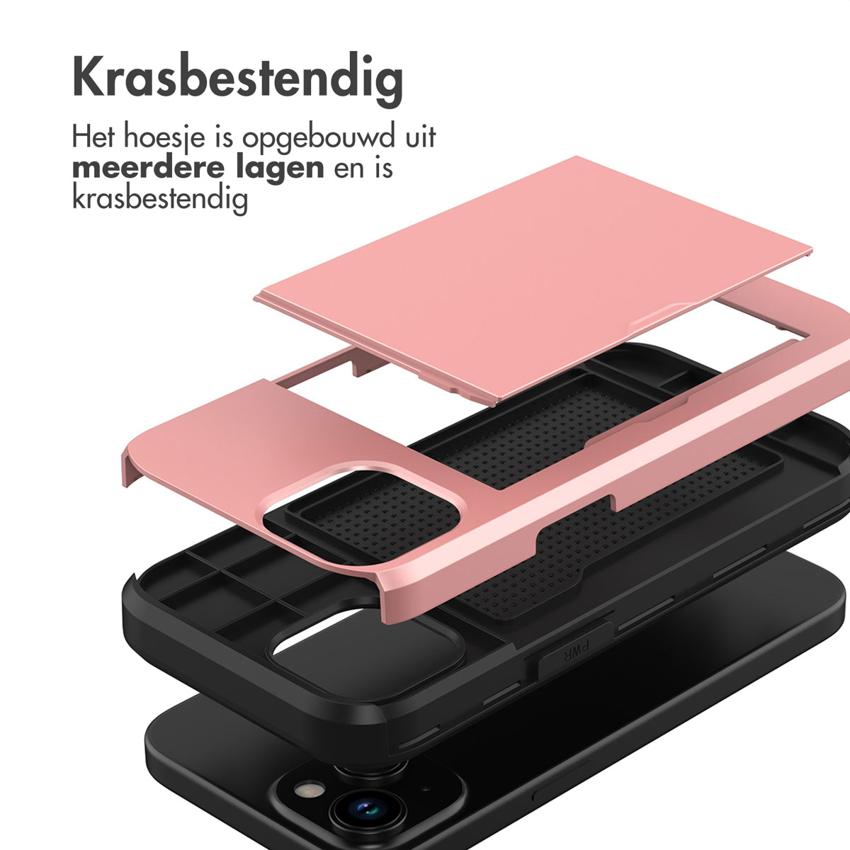 Exploded view of a phone case. Pink layers are above black layers. Text says 'scratch-resistant'.