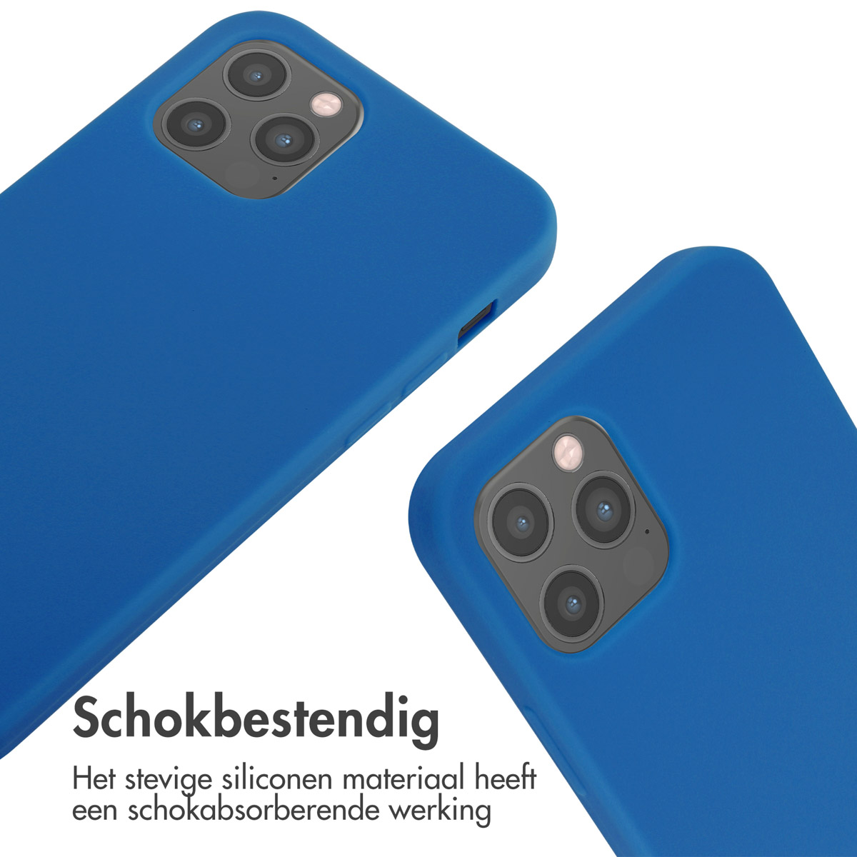 Deux coques bleues avec vue rapprochée. Texte : résistant aux chocs. Matériau silicone absorbe les chocs.