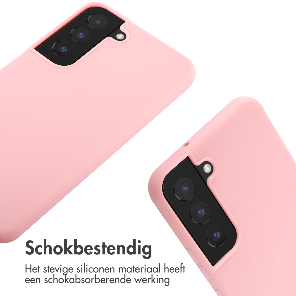 Two pink phone cases. Text says 'Shock resistant'. The cases have camera cutouts.