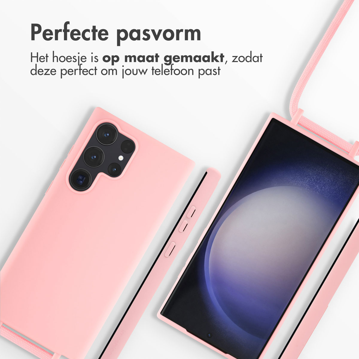 Coque de téléphone rose et téléphone noir. Montre un ajustement parfait avec un cordon attaché.