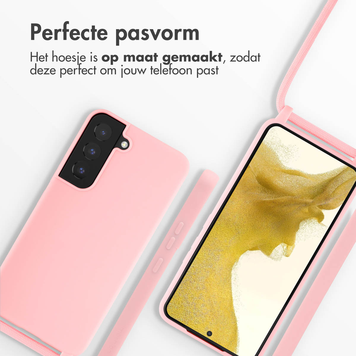 Pink phone case and phone with a screen. Both are hanging on cords. Text above says 'perfect fit'.