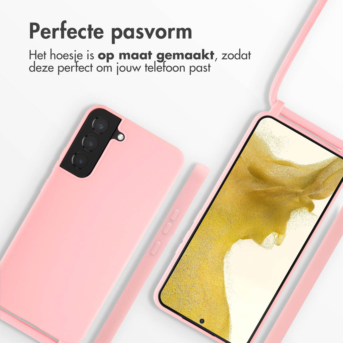 Custodia per telefono rosa con cinturino, telefono a destra, sfondo bianco, testo 'Perfecte pasvorm'.
