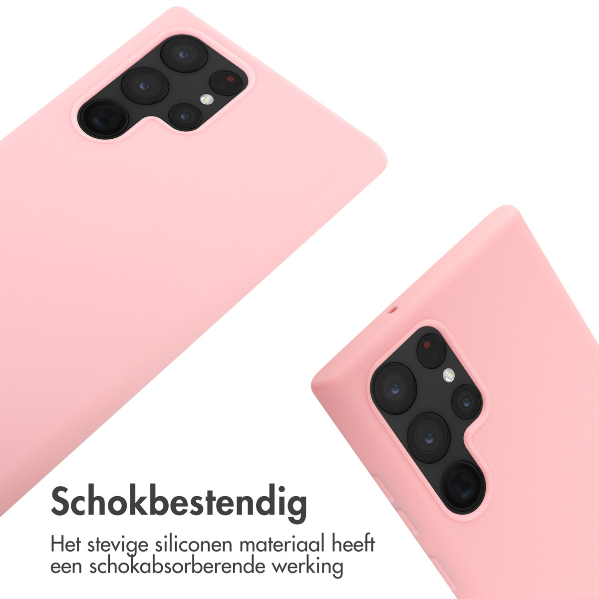 Deux coques roses avec caméras. Texte : Antichoc. Le matériau en silicone robuste a un effet absorbant les chocs.
