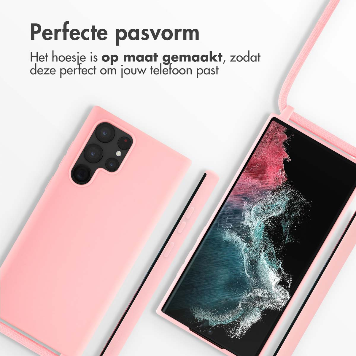 Coque de téléphone et téléphone roses. Le téléphone a un écran coloré. Une sangle rose est attachée.