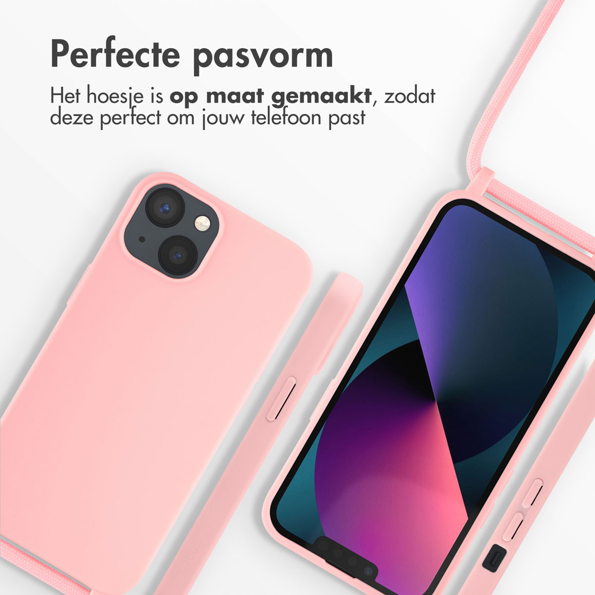 Coque de téléphone rose avec sangle, écran visible, fond blanc.