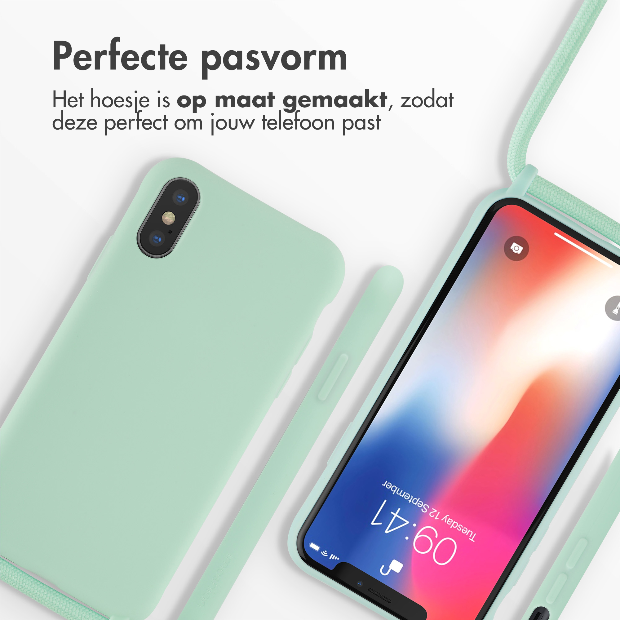 Due custodie per telefono con cordino. Una è verde menta, l'altra mostra lo schermo del telefono.