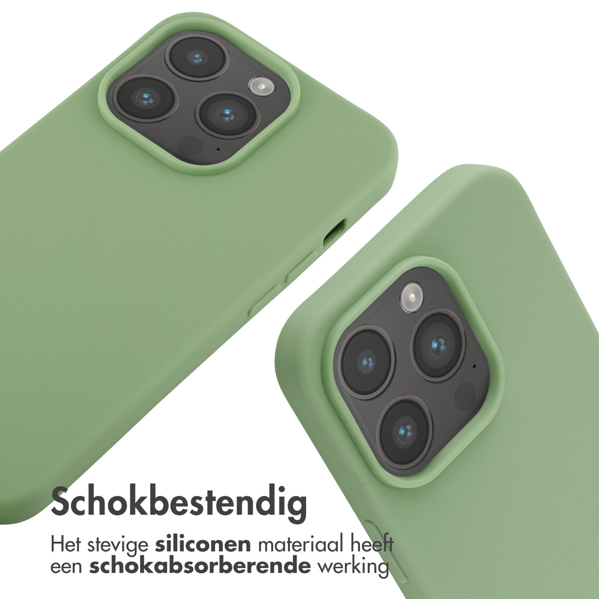 Twee groene telefoonhoesjes. Tekst: Schokbestendig.