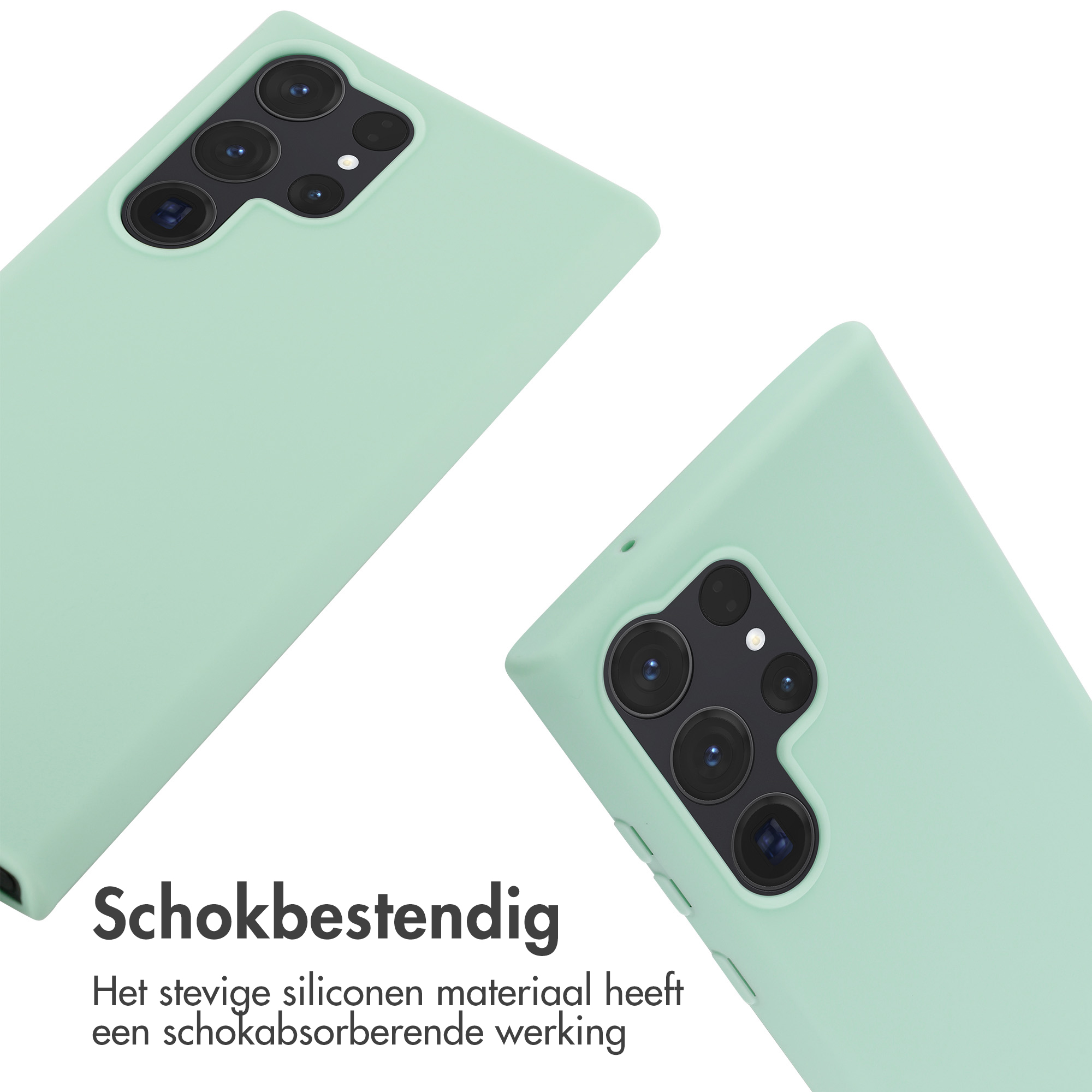 Deux coques de téléphone vert menthe sur fond blanc, inclinées, montrant caméra et boutons.