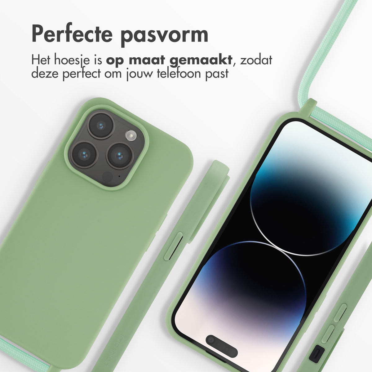 Groene telefoonhoes met telefoon en hoes, groen koord. Witte achtergrond. Tekst: Perfecte pasvorm.