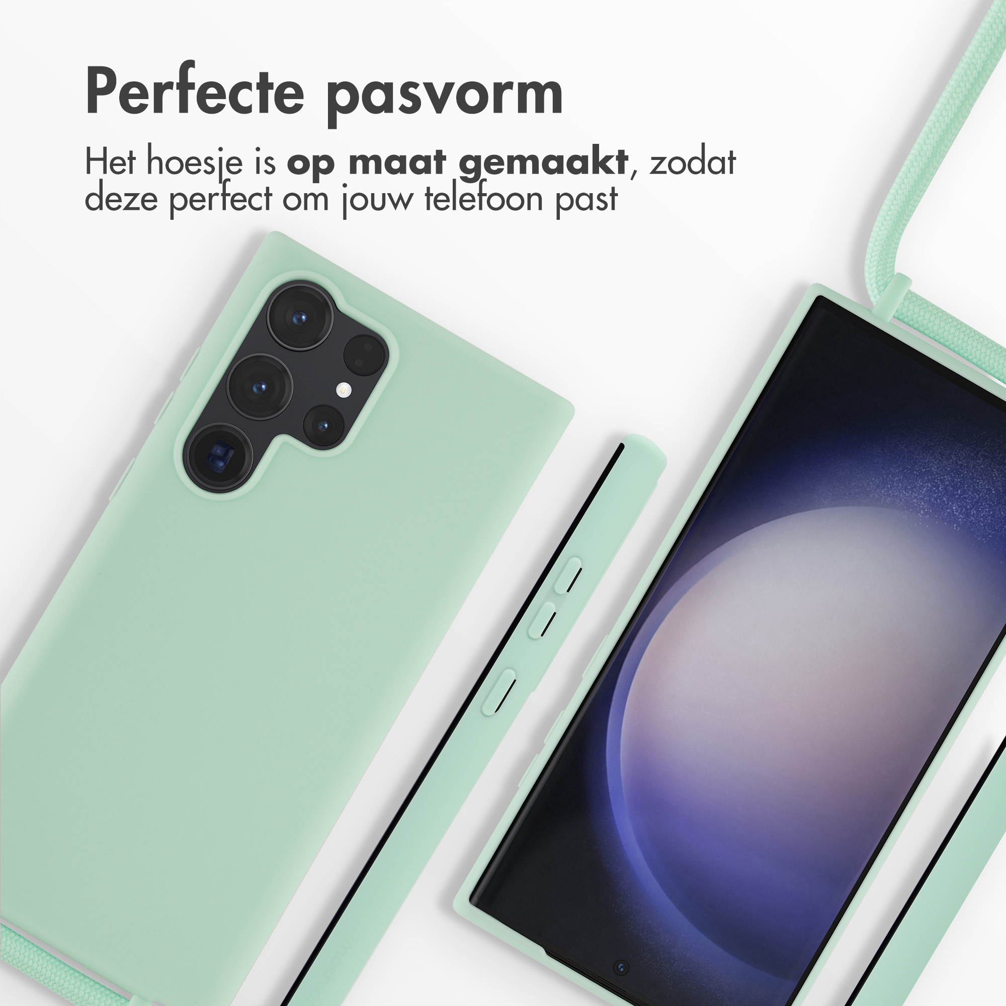 Une coque et un téléphone verts. Texte : Ajustement parfait.