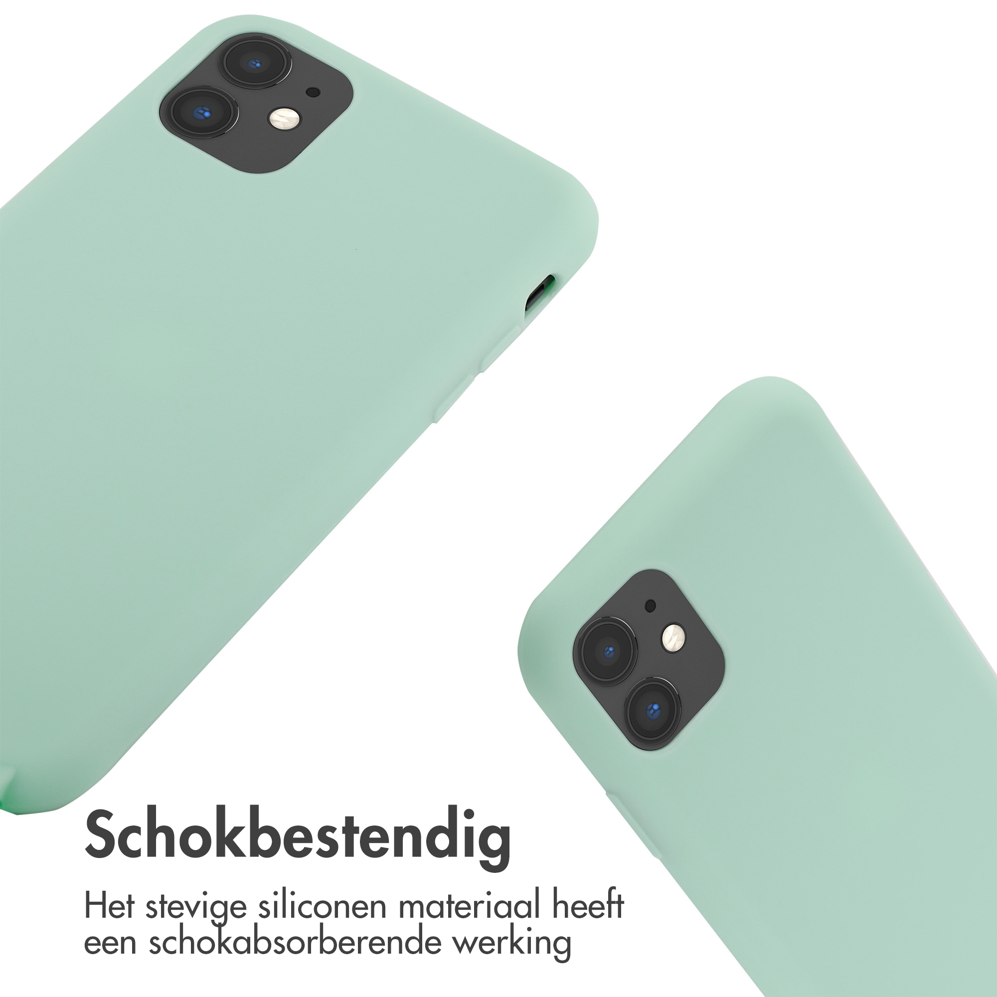 Twee mintgroene telefoonhoesjes. Hoesjes schuin met camera, met witte achtergrond.