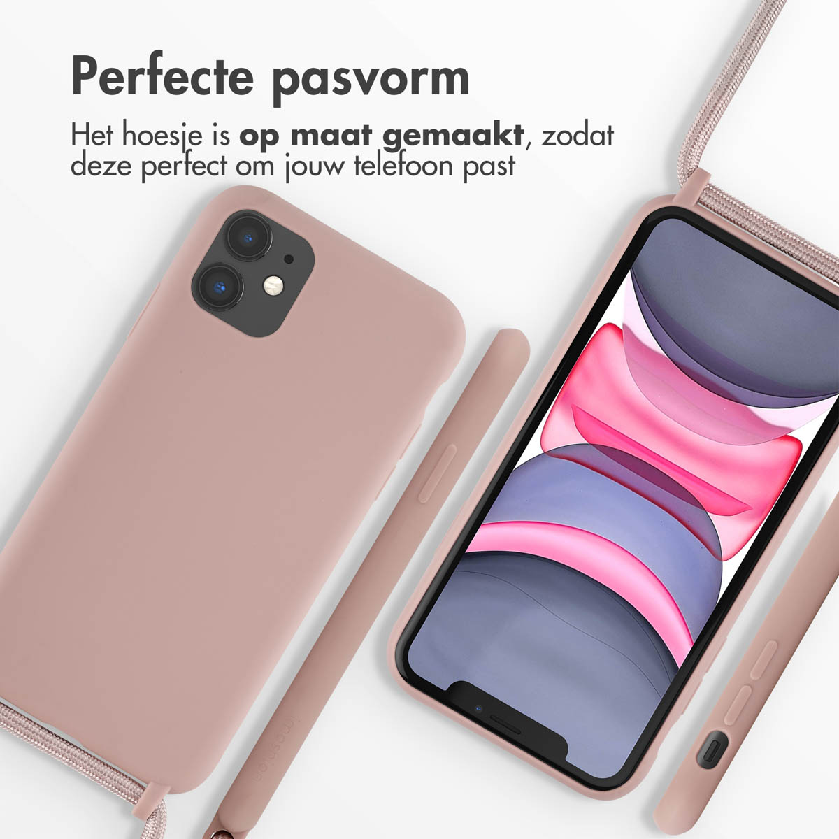 Roze telefoonhoes en telefoon met een koord. Tekst: Perfecte pasvorm. De hoes is gemaakt om perfect op je telefoon te passen.