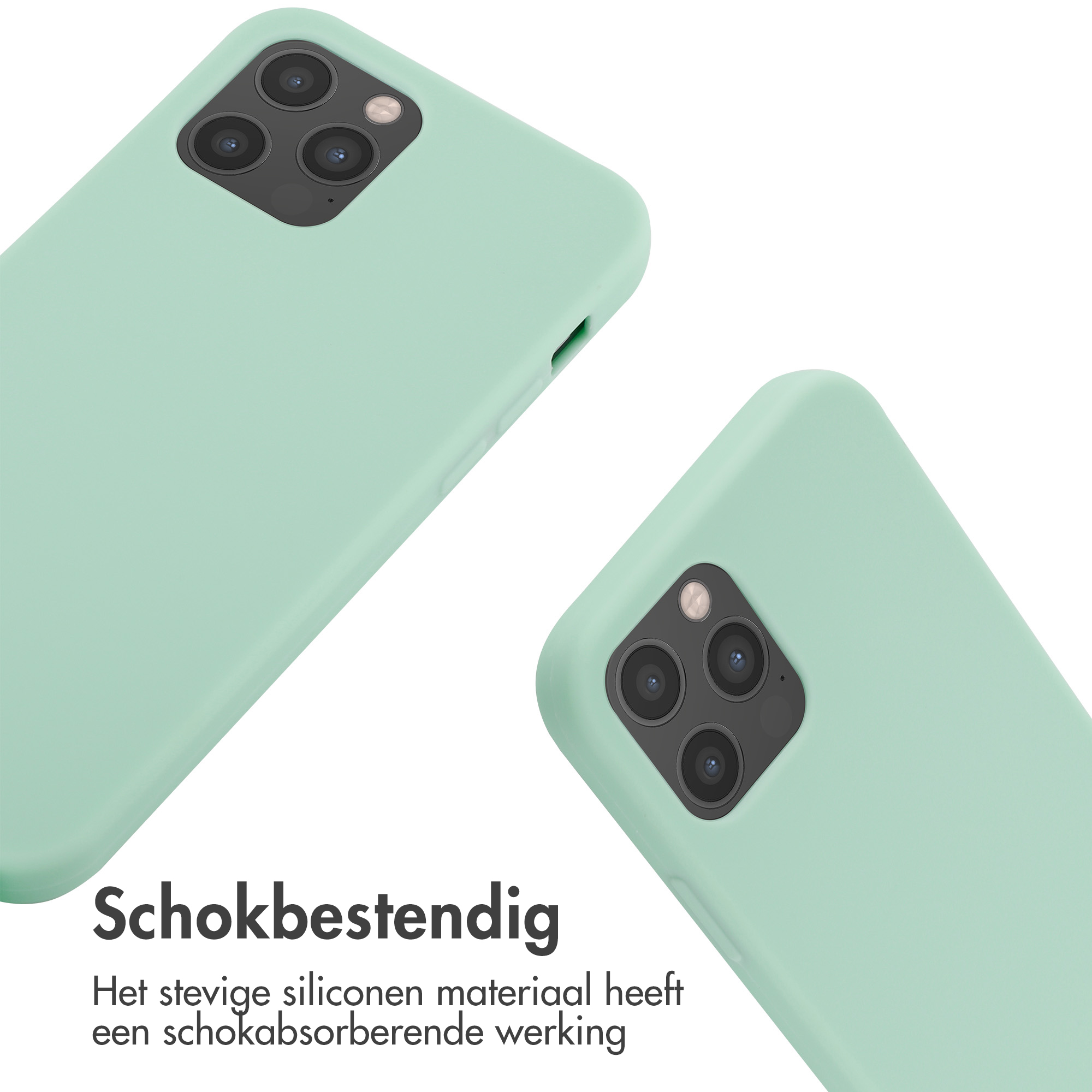 Deux coques de téléphone vert clair. L'une est inclinée, montrant les caméras. L'autre est en arrière-plan.