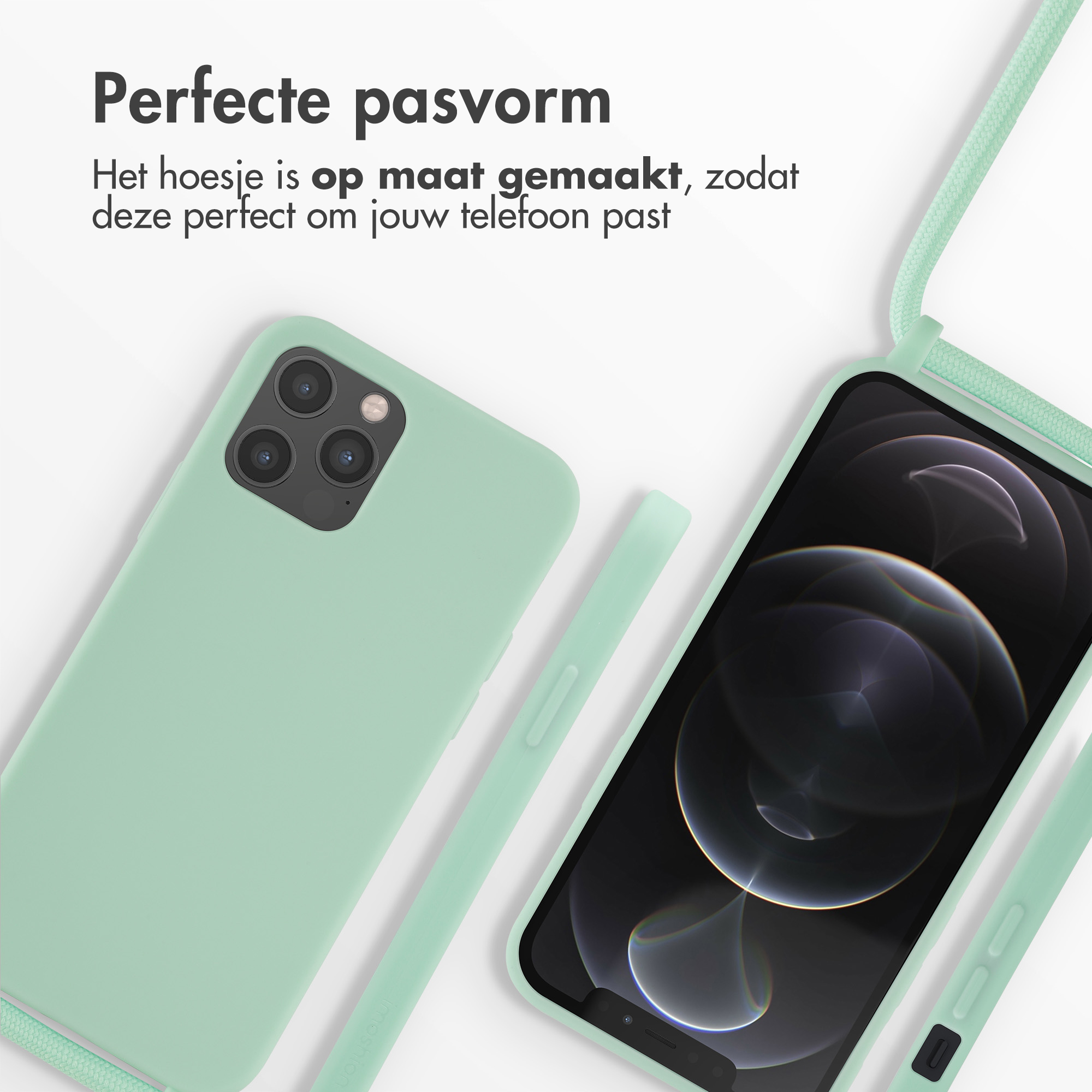 Coque verte avec sangle et téléphone. Texte: Ajustement parfait.