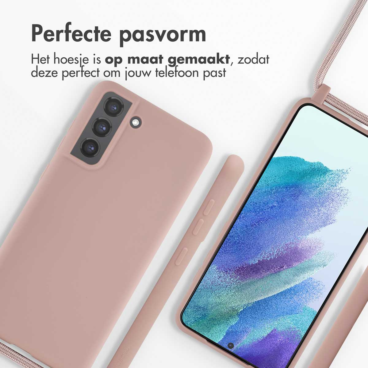 Coque de téléphone rose avec téléphone et sangle. Le téléphone affiche l'écran. Fond blanc.