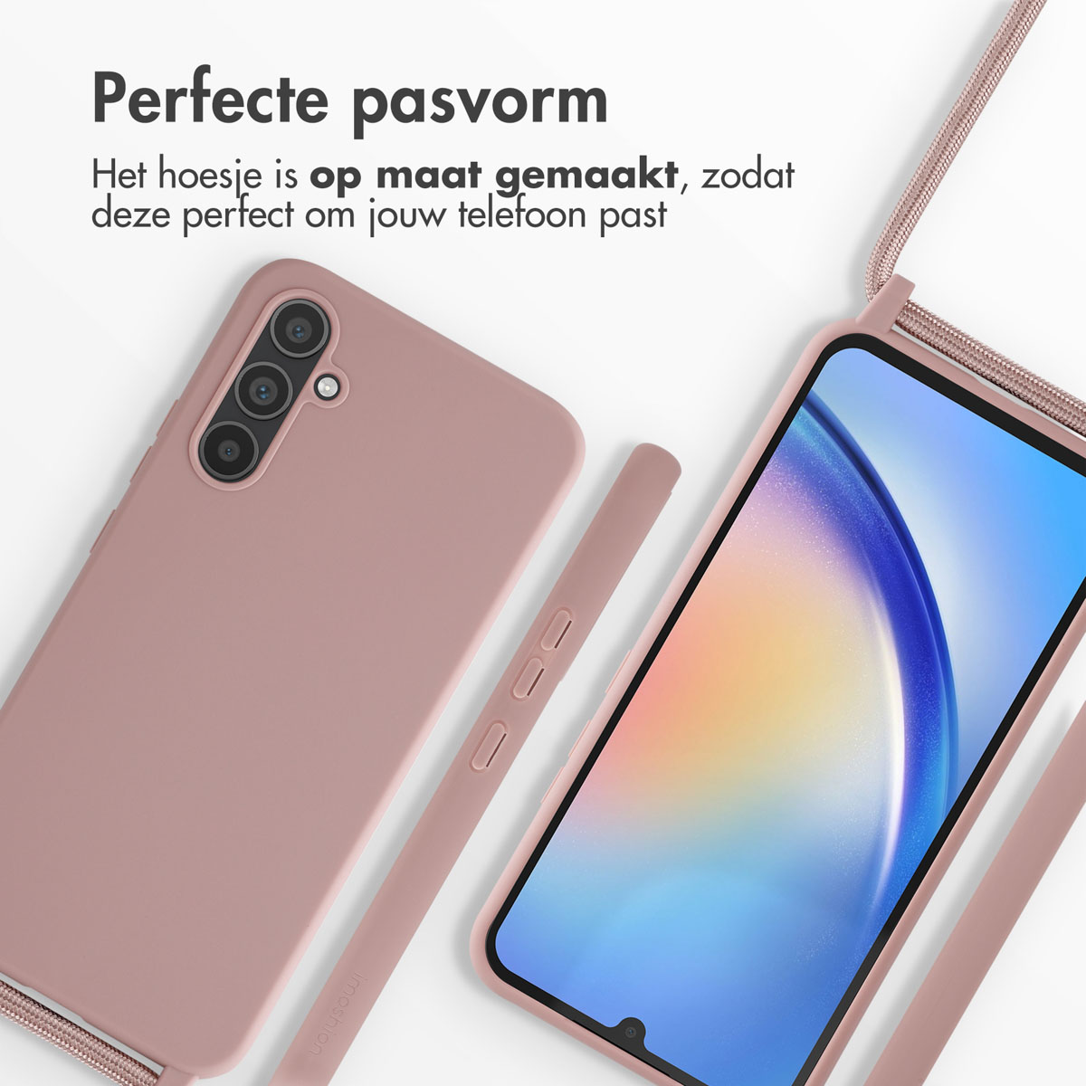 Paarsroze telefoonhoes met riem, telefoon rechts, witte achtergrond, tekst 'Perfecte pasvorm'.