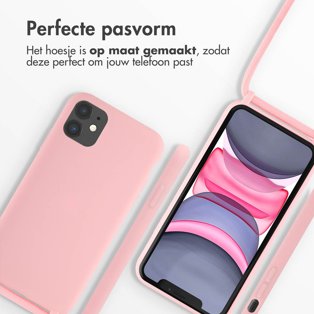 Funda de teléfono rosa con teléfono dentro. El teléfono tiene pantalla rosa.