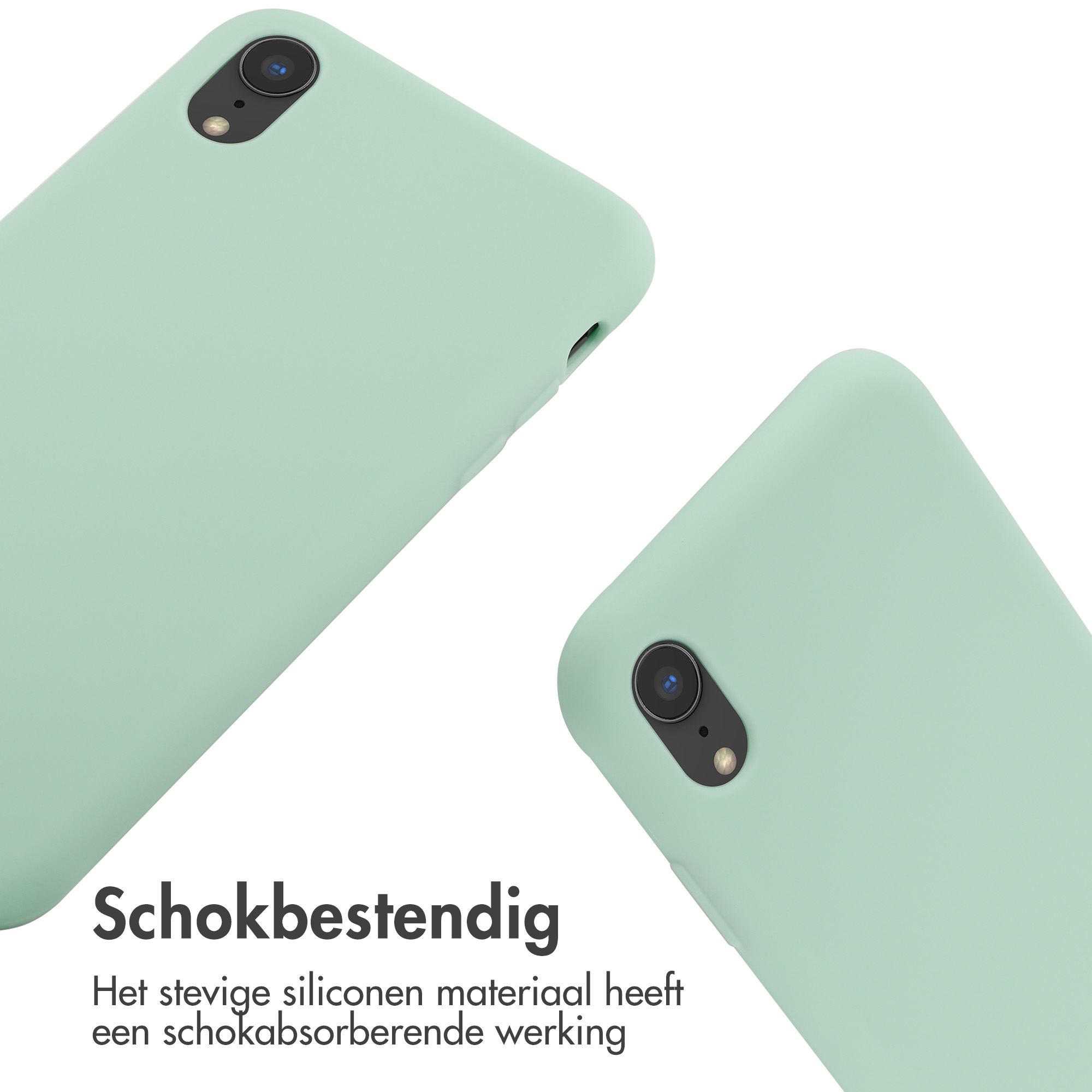 Deux coques vert menthe avec vue rapprochée. Texte : résistant aux chocs. Le silicone absorbe les chocs.