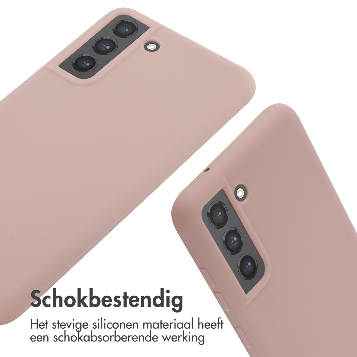 Deux coques de téléphone roses sur fond blanc. Les coques ont une découpe pour la caméra.