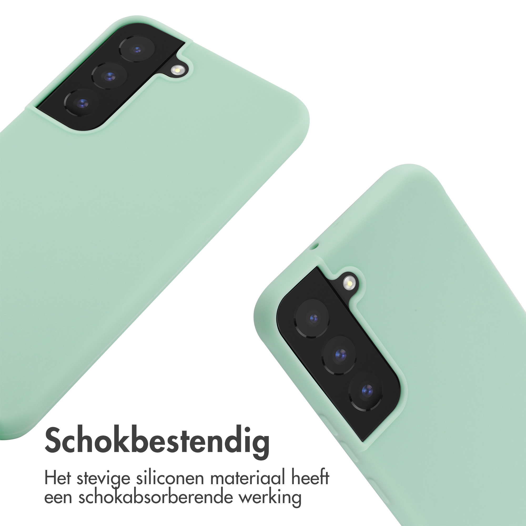 Twee mintgroene telefoonhoesjes, schuin. Een tekstblok onderaan zegt 'Schokbestendig'.