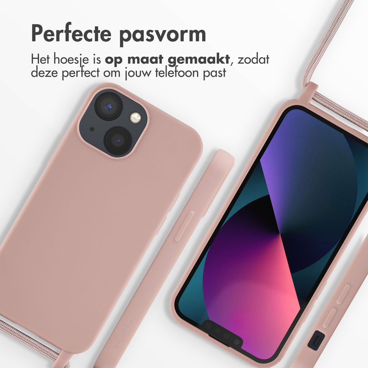 Roze telefoonhoesje met een telefoon, hoes en band. Set op een witte ondergrond.