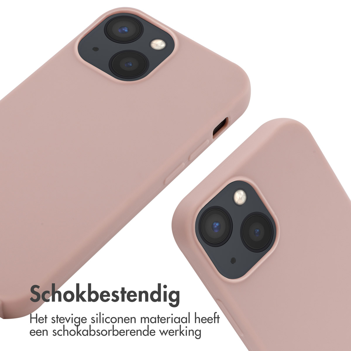 Twee roze telefoonhoesjes, schuin. Een tekstblok onderaan zegt 'Schokbestendig'.